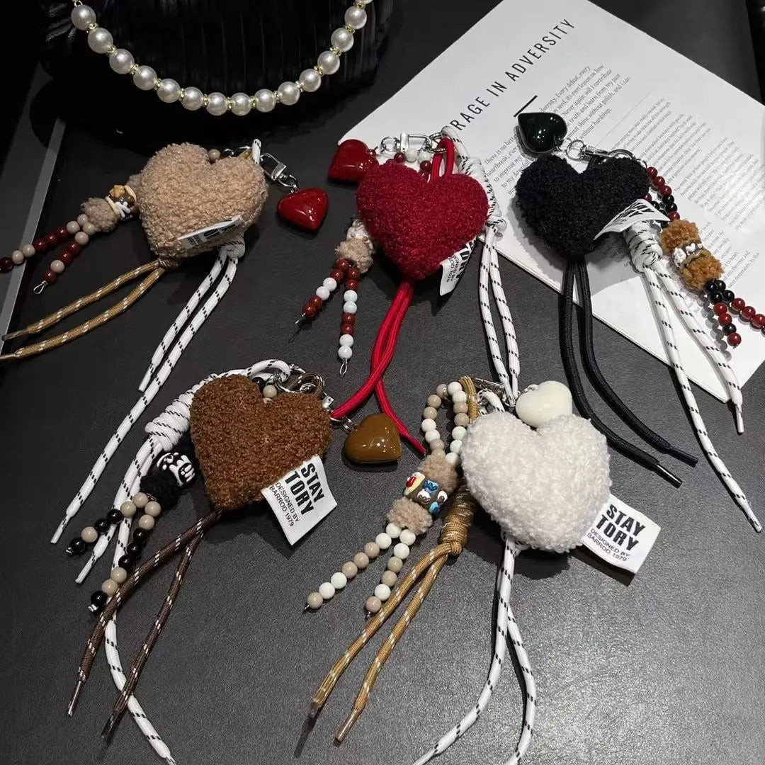 Trendy Fashion Plush Love Beaded Mobile Phone Lanyard High-value Niche Bag Anti-loss Pendant Car Keychain Ornament Chain Ins