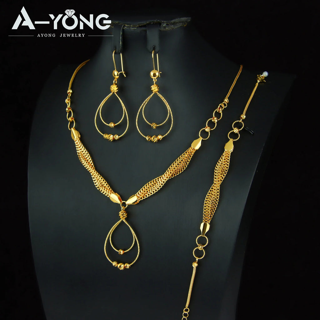 Dubai Fashion Waterdrop Jewelry Set 24k Gold Plated Arabic Exquisite Beads Necklace Bracelet Earrings Oman Bridal Jewelrys