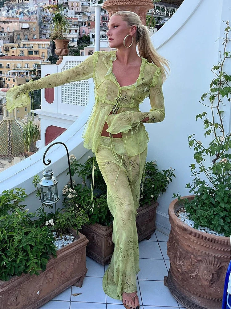 Print Y2K Mesh Long Sleeve Top Shirts Green and Maxi Skirt Bodycon Two Piece Sets Beach Outfits Women Club