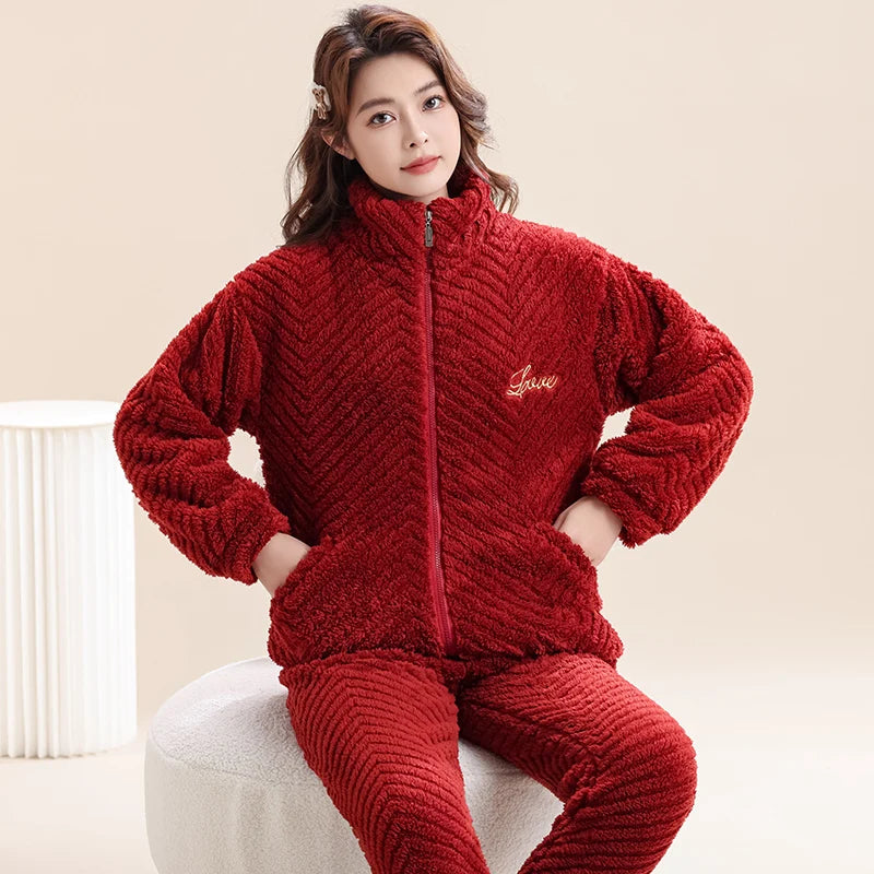 Women's Winter Flannel Pajamas Set Standing Neck Zippered Cardigan Sleepwear Coral Fleece Homewear Thick Warm Female Sweatshirt