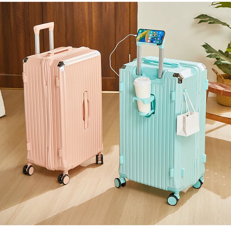 Large Capacity 20-26 Inch Rolling Luggage with Cup Holder Travel Bag Convenien Mobile Phone Stand Simple Travel Rolling Suitcase