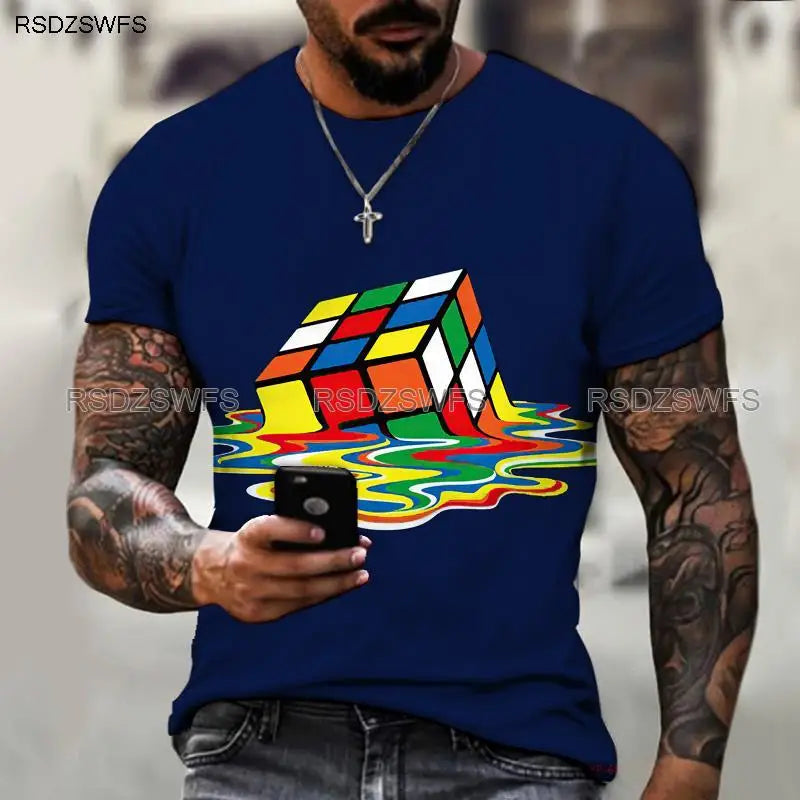 Men's Shirt Exclusive Design Melting Rubik's Cube 3D Printing Printing Trendy Brand Shirt Round Neck T-shirt Oversize 5XL