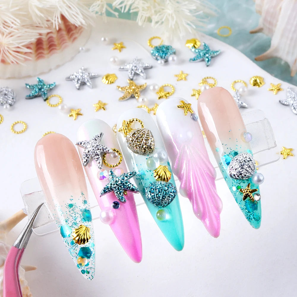 Ocean Style Seashell Starfish Nails Accessories Starfish Conch Metal Rivets Nail Charms Summer DIY Nail Art Supplies Decorations