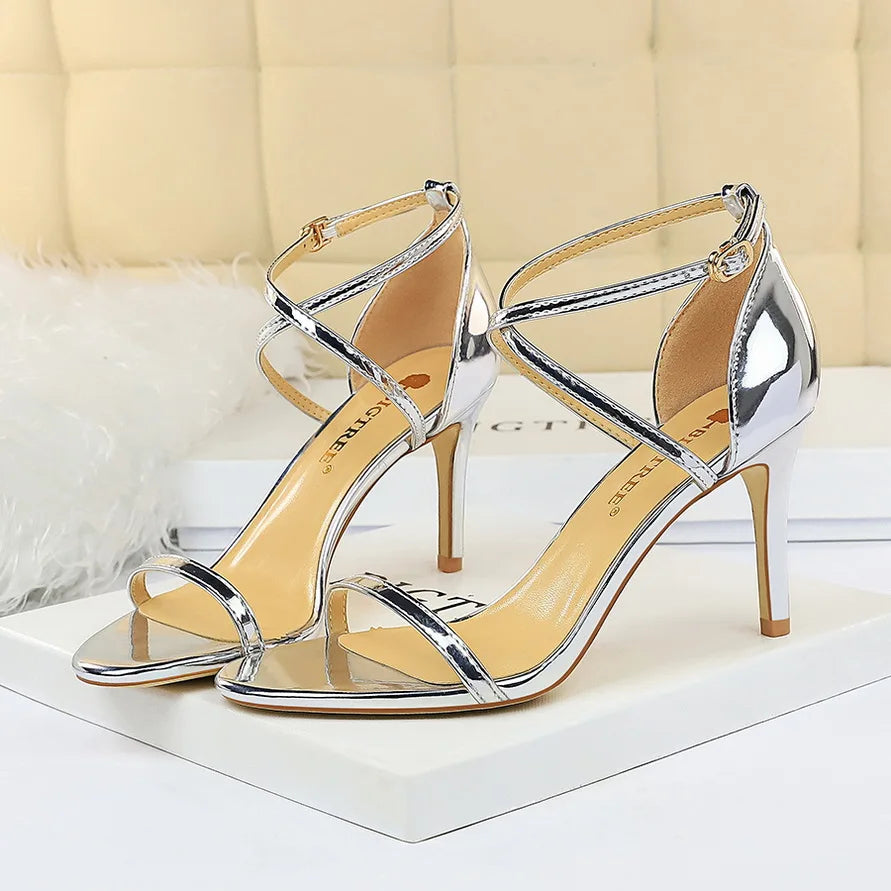 Women Fetish 8cm 11cm High Heels Summer Mid Low Heels Champagne Gold Sandals Roman Pumps Lady Gladiators Stiletto Stripper Shoes