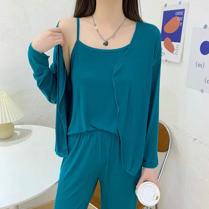 Fdfklak New Arrivals 3PCS Sleepwear Pajamas Set Lingerie Pyjamas Spring Summer Modal Soft And Comfortable Homewear
