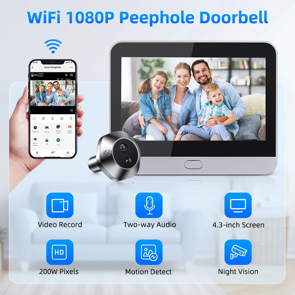 Awapow WiFi Tuya Peephole Camera Smart Life Motion Detection Digital Audio Doorbell Upgrades Two-way Intercom 2 Million HD Pixel