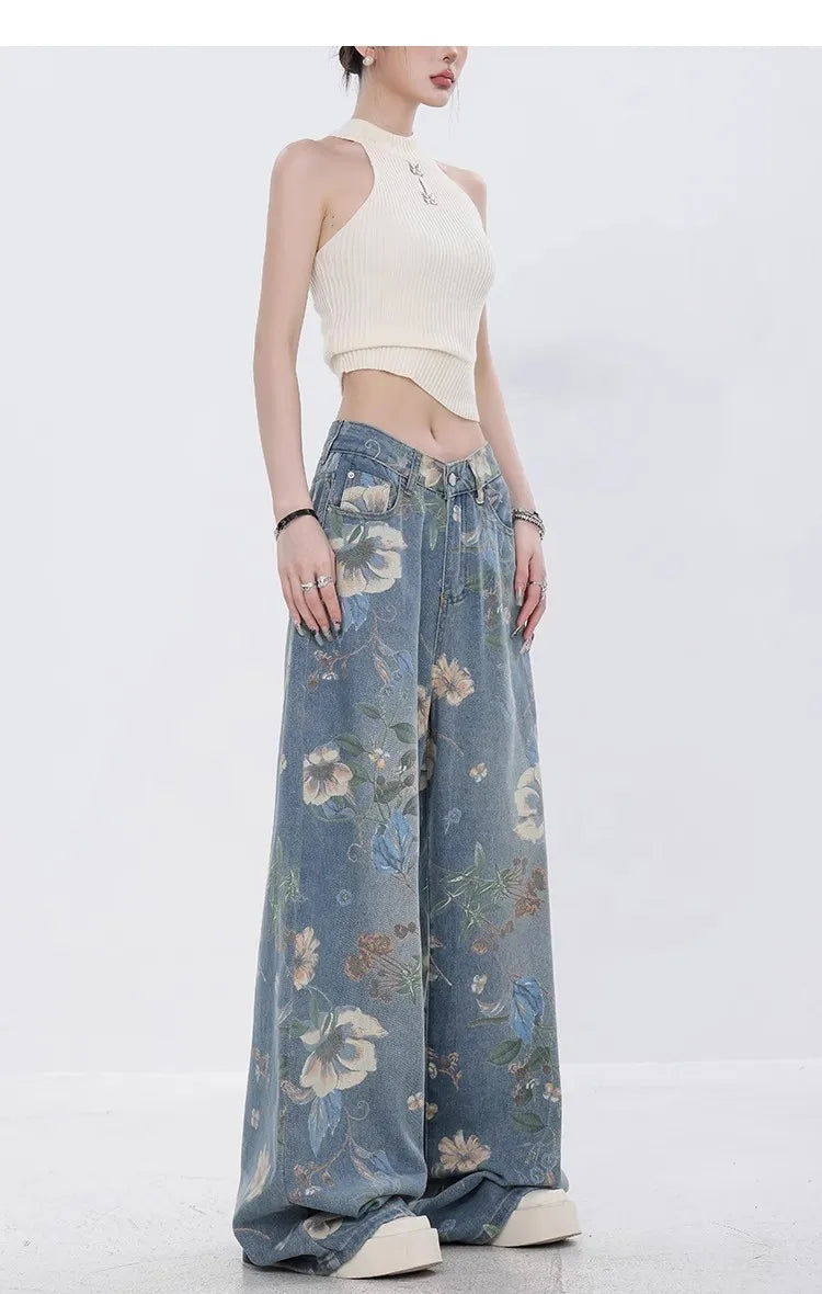Fashion Printed Jeans 2025 Retro Floral Denim Mopping Trousers Korean Style High Street Loose Hip Hop Wide-leg Jean Pants