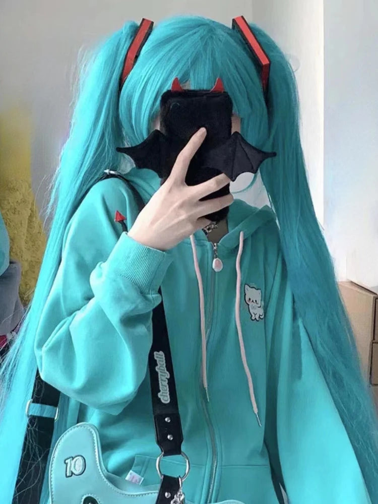 2026 Cartoon Embroider Hoodies Women Y2k Aesthetic Vintage Grunge Tops  Loose Casual Zip Up Sweatshirt Harajuku Streetwear