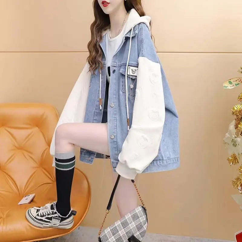 Women's Denim ort Jaet Spring Autumn New Sle Retro Hooded Loose Casual High Street Top Faion Versatile Loose Fit Jean...