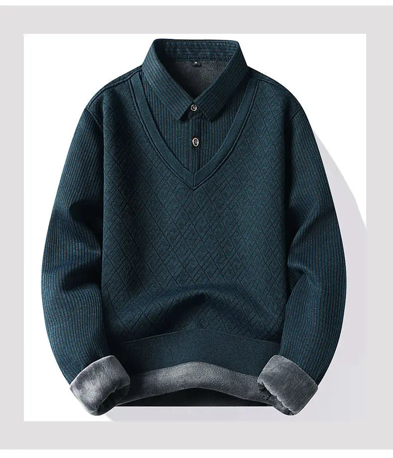 Winter Warm Thick Pullovers Men Polo Neck Fake Two Pieces Sweaters Fashion Casual Striped Fleece Lined Jumper Knitting Sweaters