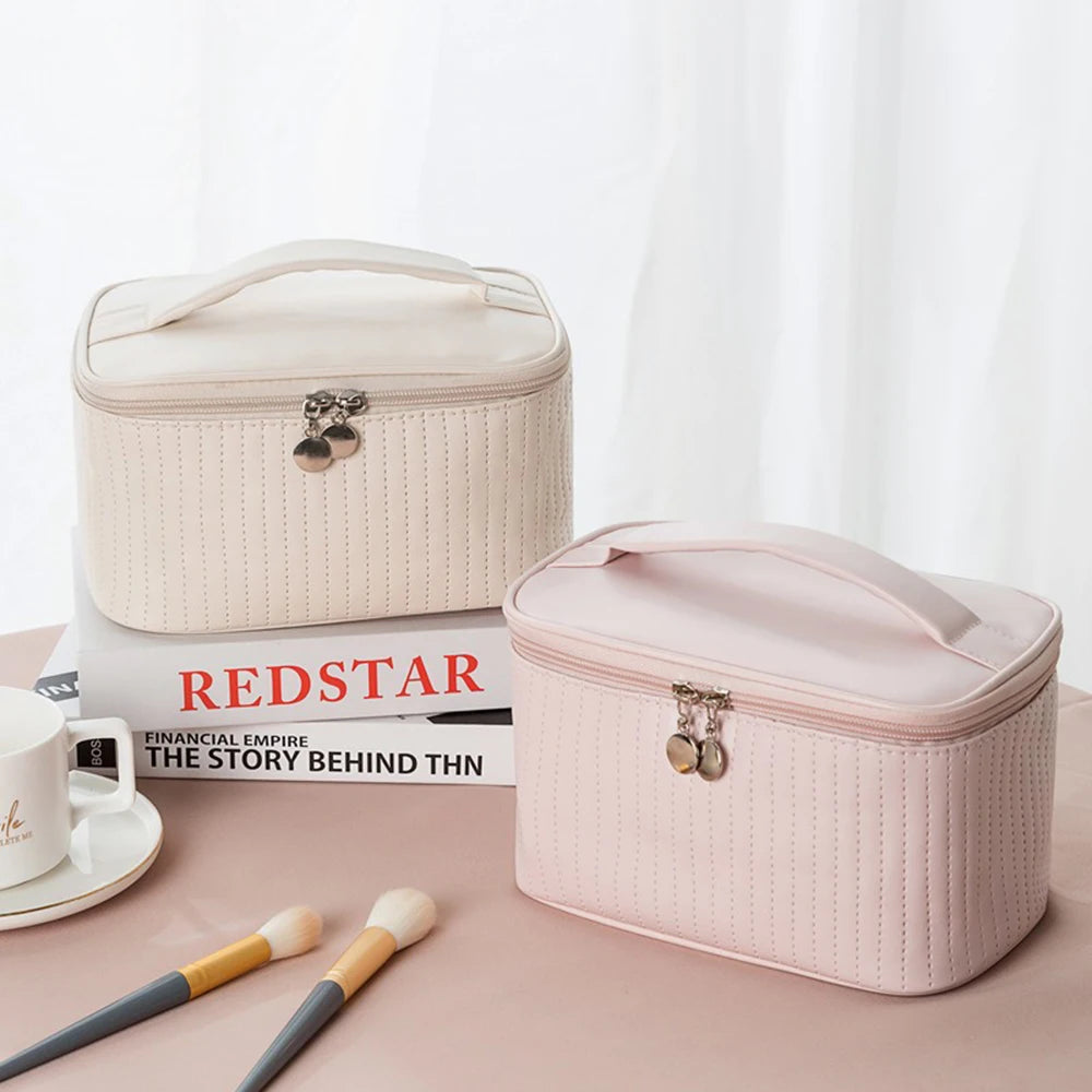 Handheld Solid Color PU Leather Cosmetic Organization Storage Bag Portable Travel Toiletry Pouch for Women