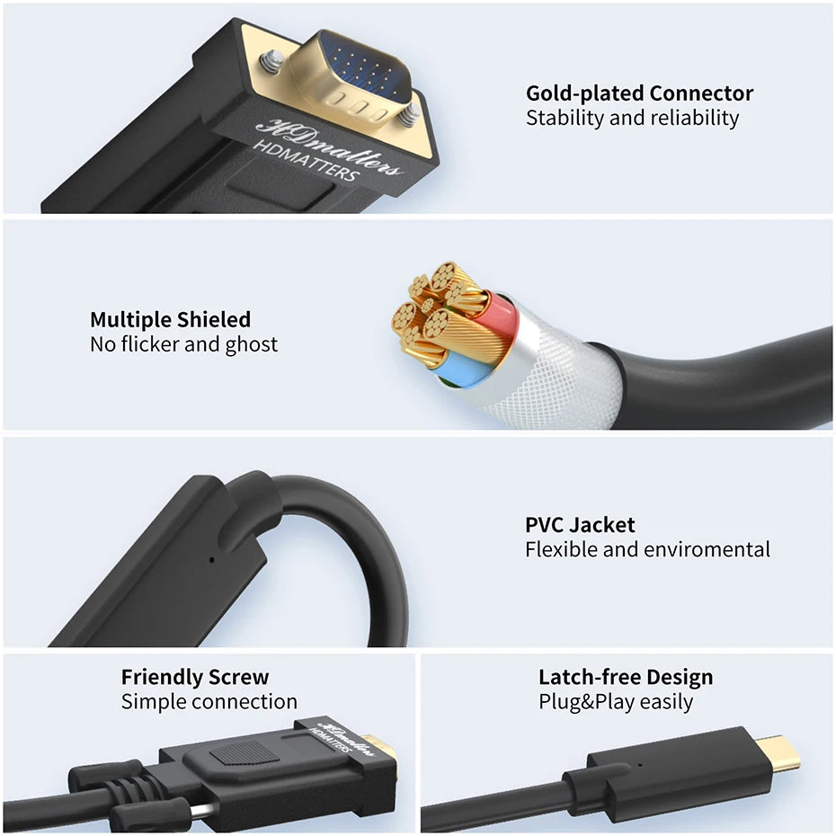 USB C to VGA Adapter Cable 1.8M/1M USB-C USB 3.1 Type C to VGA Male Cable for Apple Macbook Pro Air Mini Iphone 17/16/15 Dell