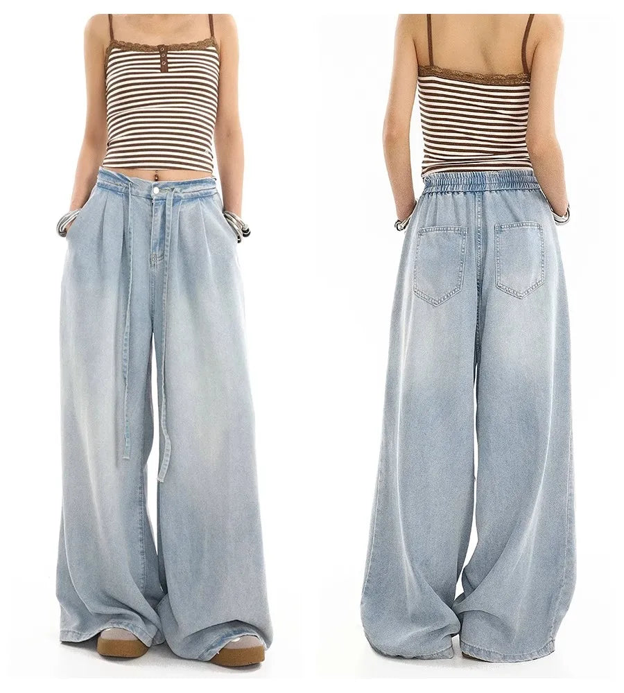 2025 Summer New Drape Wide Leg Jeans Elastic Versatile Ins Trendy Versatile Trousers Harajuku Jeans for Women Denim Pants