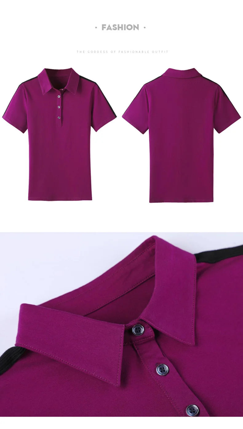 New Women Polo Shirt Summer Fashion Patchwork Button Turn-down Collar Short Sleeve Slim T-shirt Casual Basic Cotton Tees Tops