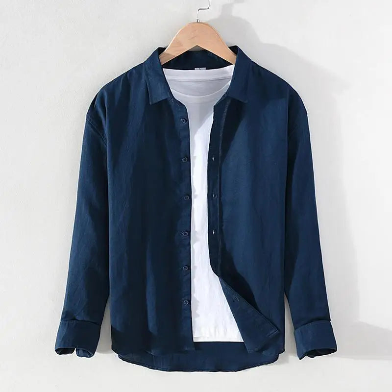 Vintage Men's Long-Sleeve Linen Shirt M-5XL Spring Summer Stand Collar Plain Color Single Breasted Streetwear