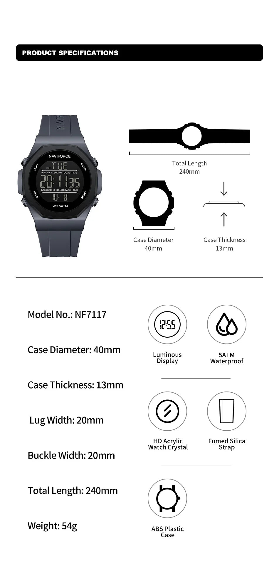 NAVIFORCE Creative Multifunction Male Wristwatches Silicone Strap LCD Display Electronic Watches for man Casual Wild Male Clocks