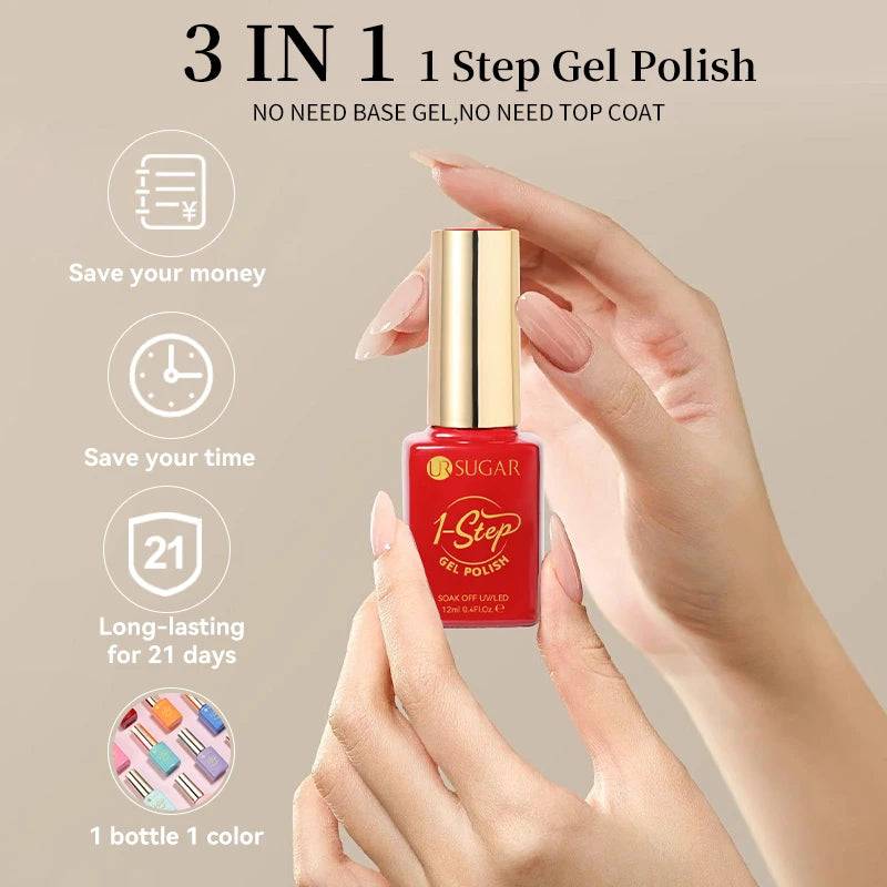 UR SUGAR 1-step Gel Polish 12ML Glitter Nail Spring Summer White Nude Pink Gel Nail Polish 3 IN 1 No Need Base Gel and Top Coat