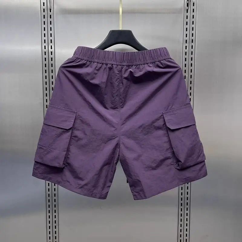 Men's Retro Multi Pocket Cargo Shorts Summer Thin Loose Straight Casual Outerwear Capris Solid Color Drawstring Short Pants