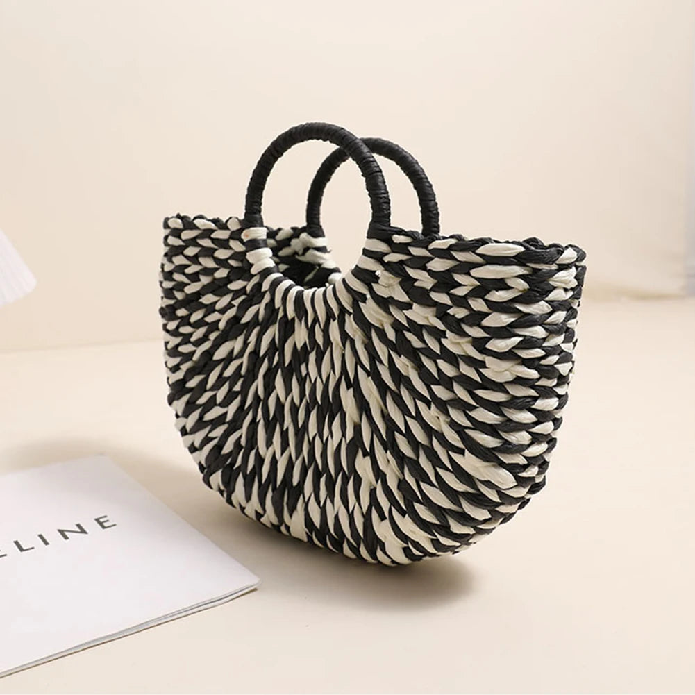Women Straw Tote Handbag Large Capacity Semi-Circle Woven Bag Color Clash Semicircle Weaving Bag Summer Beach Handbag