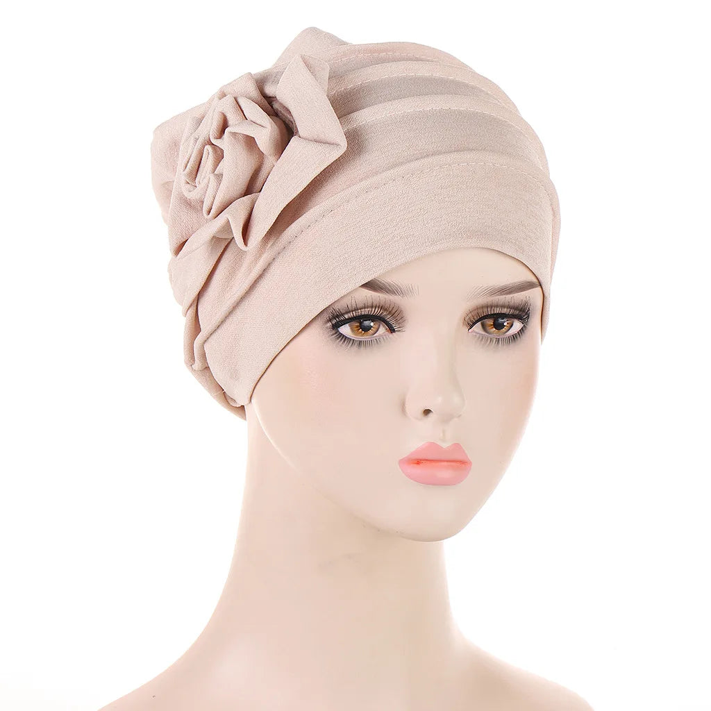 Trendy Crinkle Women's Hijab Solid Color Muslim Ladies Turban Bonnet Flower Decor Ramadan Head Wrap Head Scarf Indian Hats