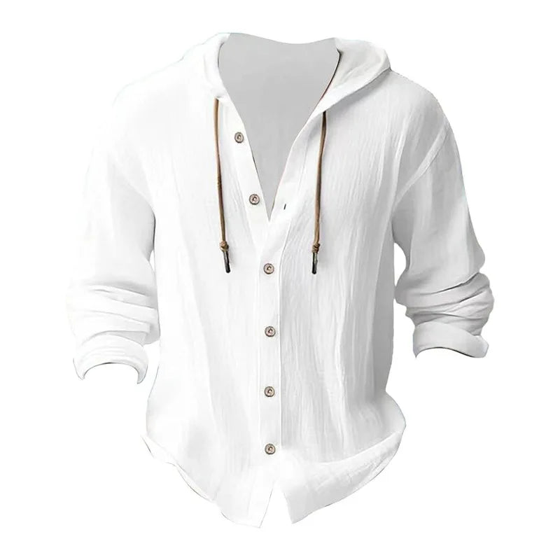 Men's solid color casual shirt, hooded drawstring cotton and linen cardigan, trendy and versatile loose beach T-shirt
