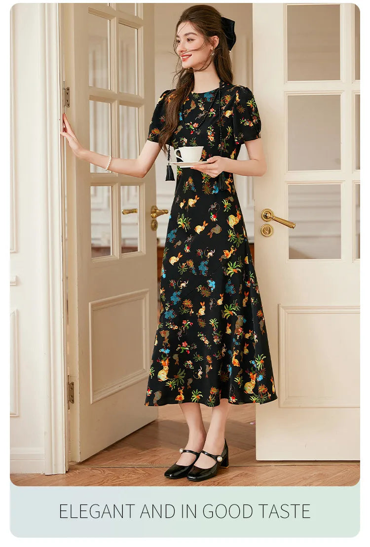 LOUIS YAO Women's Printed Dress 2025 Summer Soft Fabric New Cute Animal Flower Patterns Umbrella-shaped Skirt Hem Long Dresses