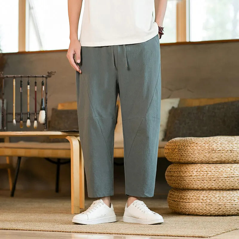 Comfortable and Breathable 100% Cotton Ankle Length Pants Summer Casual Pants Man Trendy Japanese Loose Pants Men