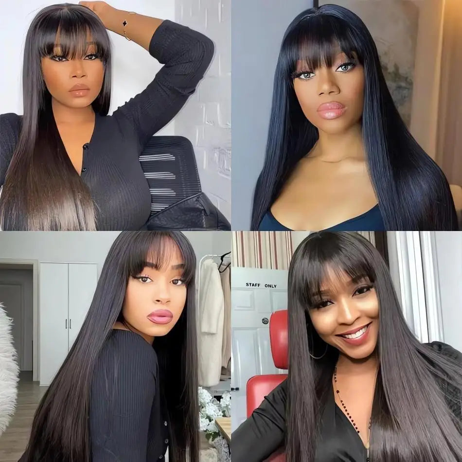 Black Bone Straight Human Hair Wig With Bangs 30 Inch Brazilian 3x1 Lace Wigs Glueless Wig Human Hair Natural Colored For Women