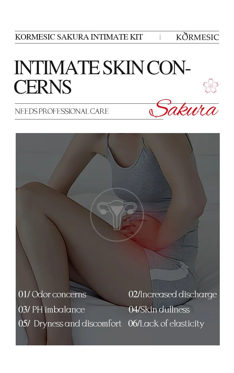 مجموعة العناية الحميمة بالمرأة ساكورا 5 قطع، تتضمن: سائل تنظيف المناطق الحساسة، خلاصة، جل، لوشن، بخاخ، تنظيف لطيف، يوازن البيئة، انتعاش يدوم طويلاً، وبشرة أفتح أكثر تماسكًا ونعومة.