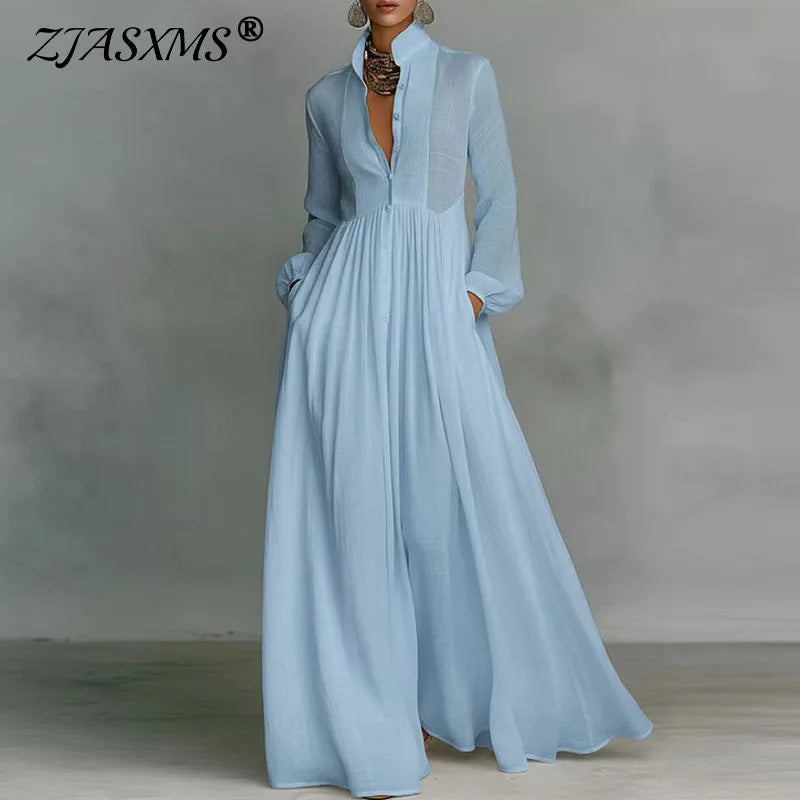 Bohemian Stand Collar Button Maxi Shirt Dress Woman Elegant High Waist Solid Party Dress Spring Long Sleeve Loose Casual Dresses