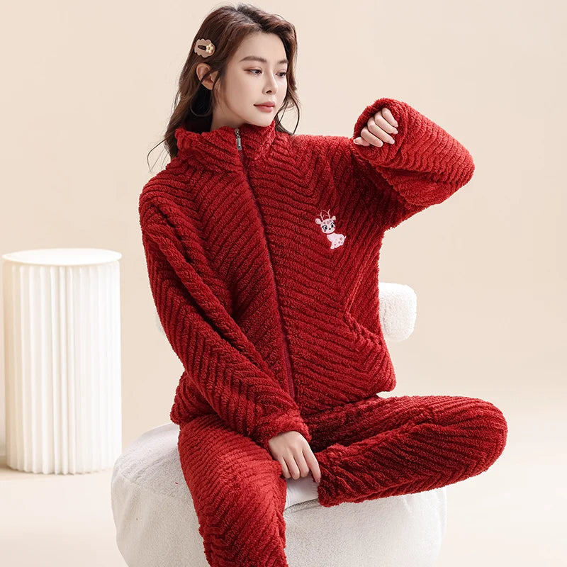 Women's Winter Flannel Pajamas Set Standing Neck Zippered Cardigan Sleepwear Coral Fleece Homewear Thick Warm Female Sweatshirt