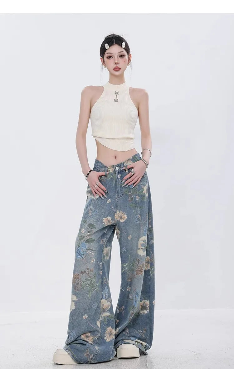 Fashion Printed Jeans 2025 Retro Floral Denim Mopping Trousers Korean Style High Street Loose Hip Hop Wide-leg Jean Pants