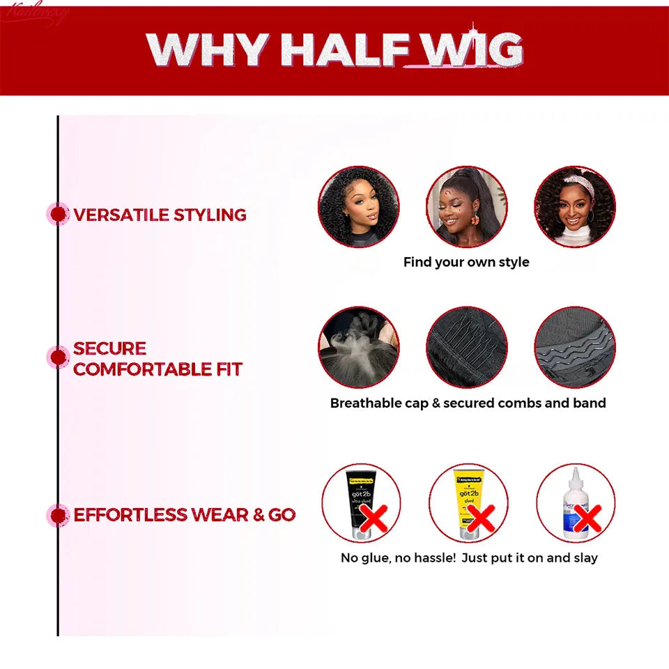 3 In 1 Half Wigs Human Hair Kinky Straight 220% Density Glueless Wear And Go Human Hair Wig No Lace Flip Over Half Wig