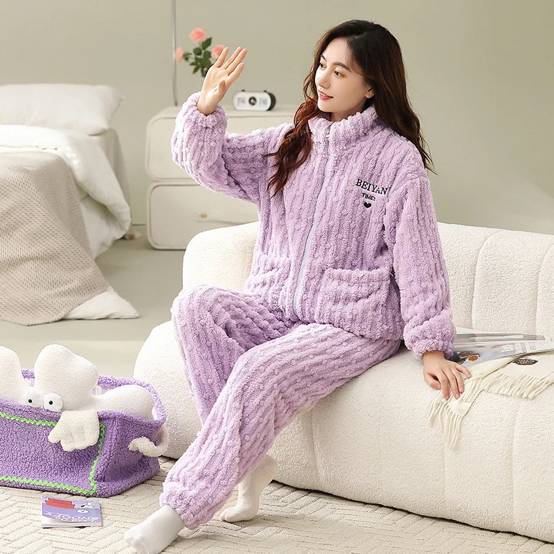 Women's Winter Flannel Pajamas Set Standing Neck Zippered Cardigan Sleepwear Coral Fleece Homewear Thick Warm Female Sweatshirt
