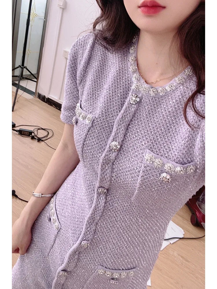 Luxury Crystal Knitted Dresses Women's 2026 Summer Holiday Single Breasted Pearl Sequins Flower Pencil Evening Party Vestidos