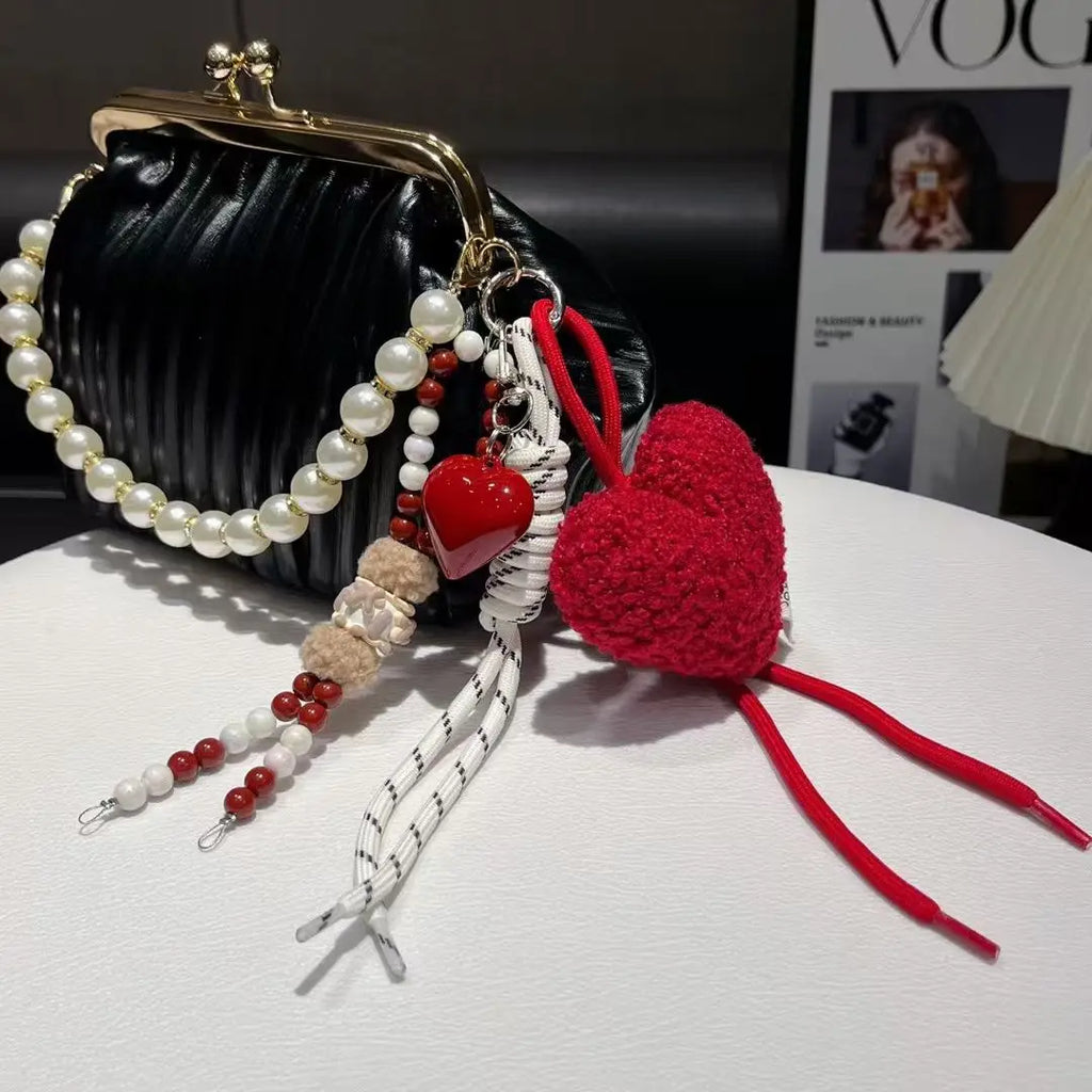 Trendy Fashion Plush Love Beaded Mobile Phone Lanyard High-value Niche Bag Anti-loss Pendant Car Keychain Ornament Chain Ins