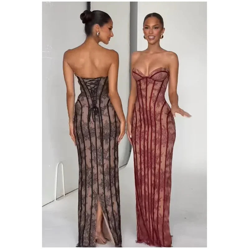 Women Strapless Tulle Fishbone Dress Backless Off Shoulder Printed Patchwork Slim Maxi Dresses 2026 Lady Chic Party Evening Gown