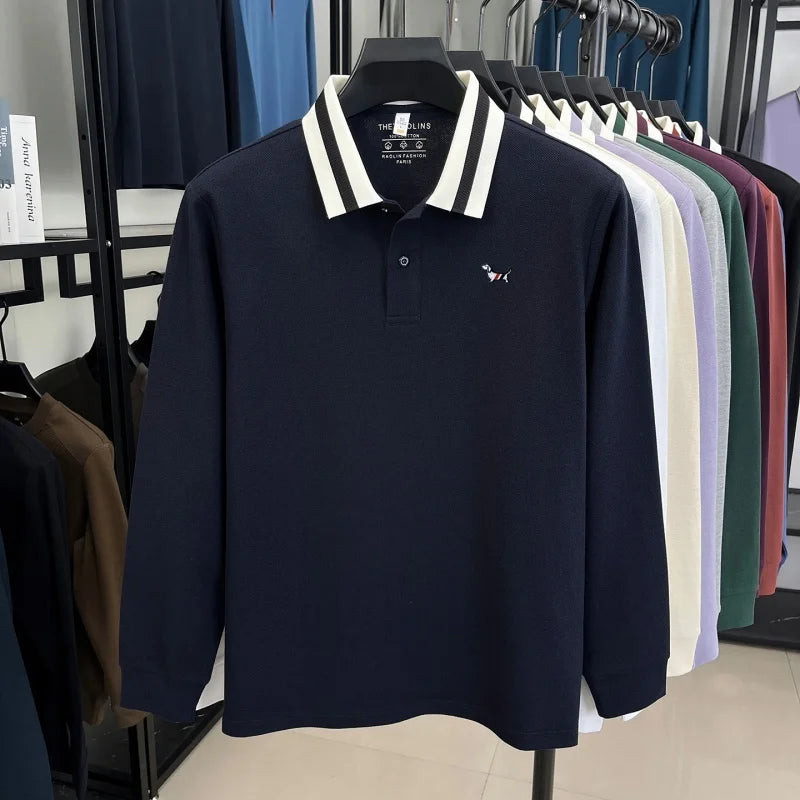 Luxury Brand Men's 100% Cotton Print Long Sleeve Polo Shirt Original Autumn Design Simple Trendy Business Lapel T-shirt Menswear