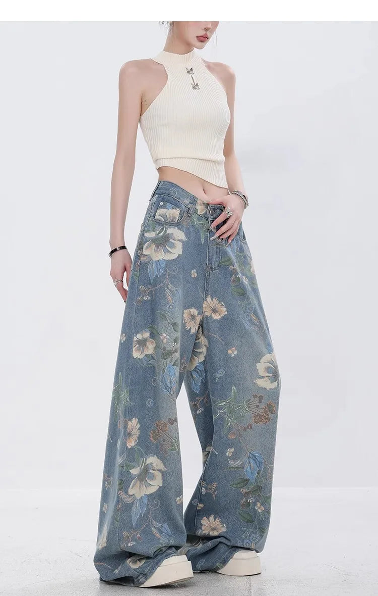 Fashion Printed Jeans 2025 Retro Floral Denim Mopping Trousers Korean Style High Street Loose Hip Hop Wide-leg Jean Pants