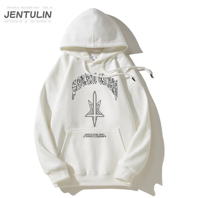 Hip Hop Streetwear Men Hoodies Satan Club Graphic Print Hooded Women Unisex Autumn Winter Punk Sweatshirts Y2K Coat Clothes Goth