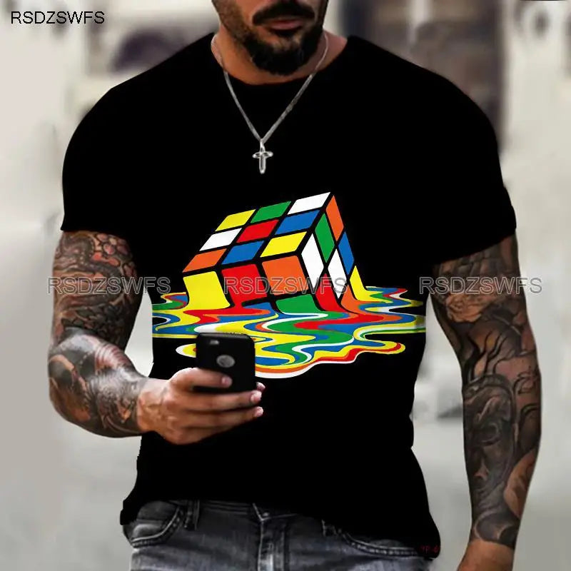 Men's Shirt Exclusive Design Melting Rubik's Cube 3D Printing Printing Trendy Brand Shirt Round Neck T-shirt Oversize 5XL