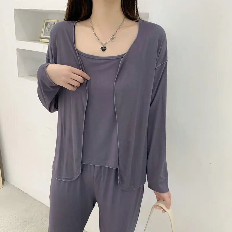 Fdfklak New Arrivals 3PCS Sleepwear Pajamas Set Lingerie Pyjamas Spring Summer Modal Soft And Comfortable Homewear