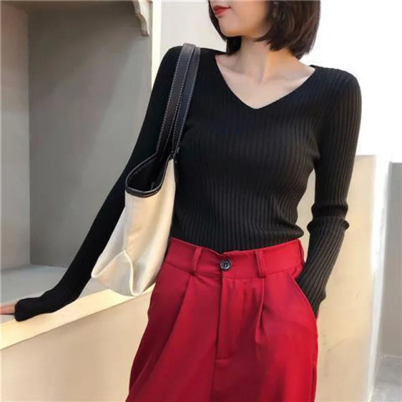 Autumn Fashion Female Long Sleeve V-neck Skinny Elastic Casual Sweater Women Knitted Shirts Pullover Top Women's Sweaters