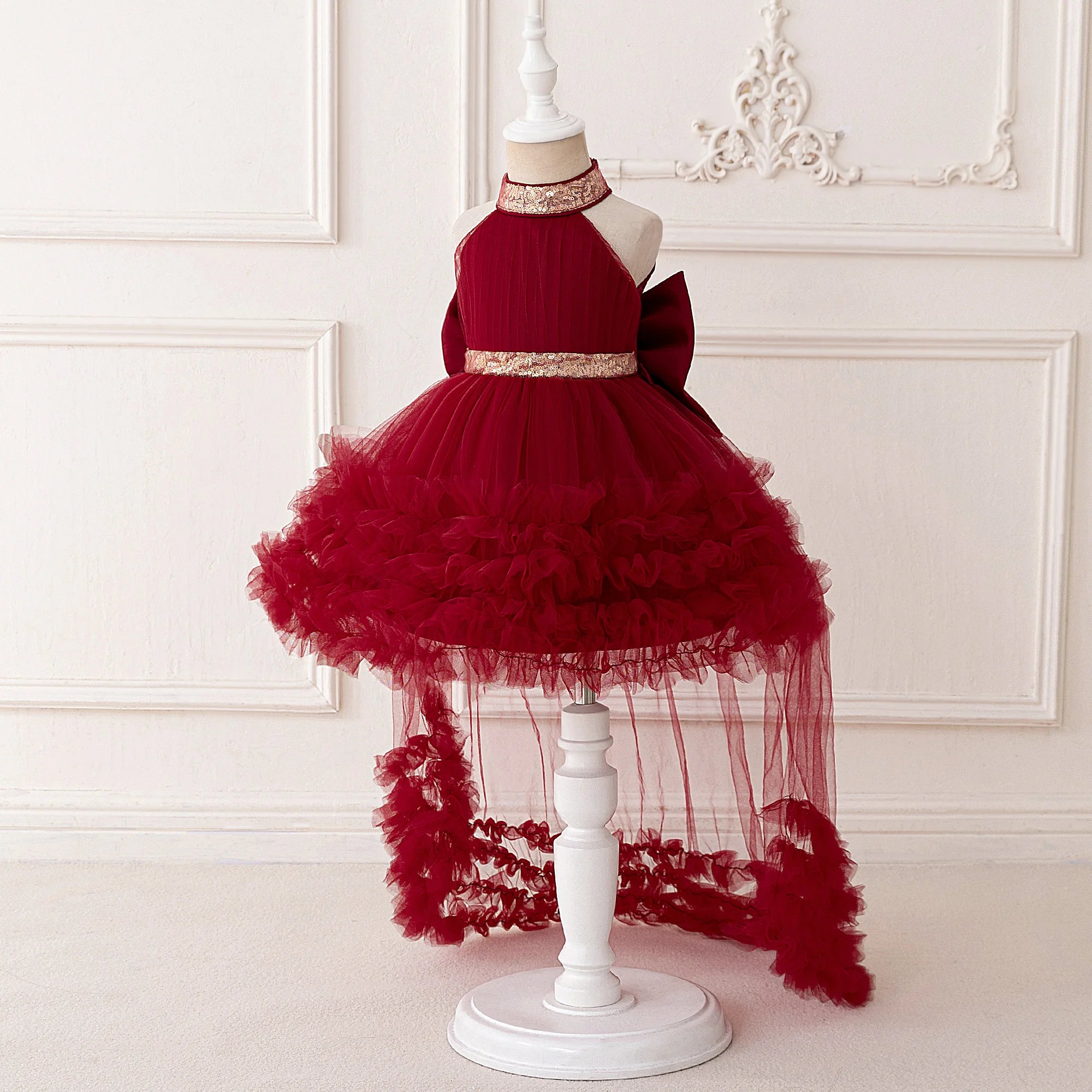 Trailing Big Bow Party Baby Girls Dresses Sequin Baptism Bridesmaid Costume Toddler Birthday Princess Dress Wedding Evening Gown