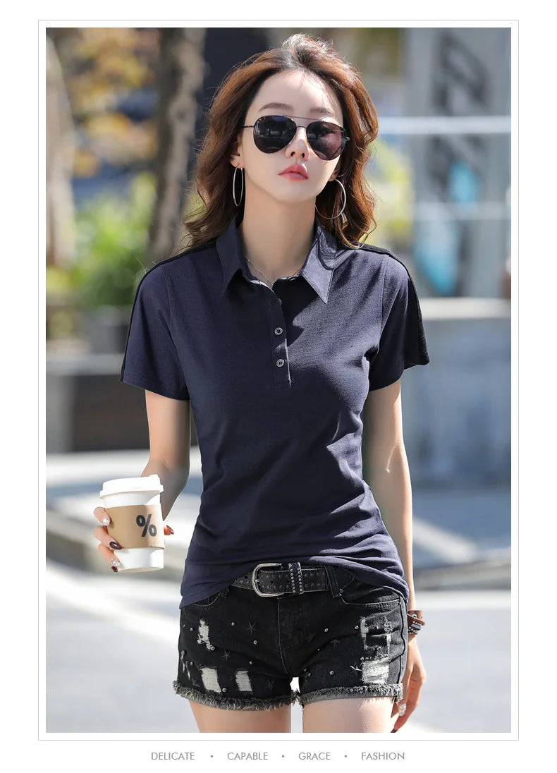 New Women Polo Shirt Summer Fashion Patchwork Button Turn-down Collar Short Sleeve Slim T-shirt Casual Basic Cotton Tees Tops
