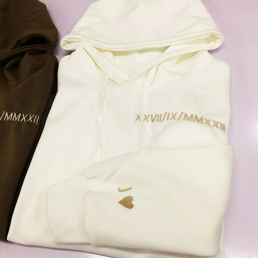 Custom Embroidered Couple Hoodie Personalized Roman Numeral Date Hoodie Date & Initial Hoodies Anniversary Gift Engagements Gift