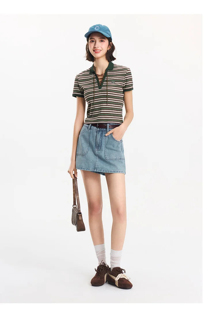 Semir Polo Shirt Women Cropped Slim Fit Tie Detail 2025 New Summer Cool Feeling Striped Top Retro for Trendy and Casual Looks
