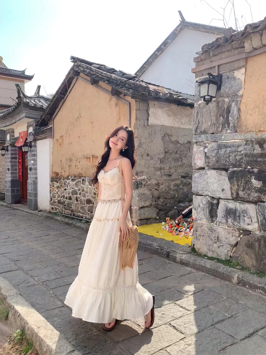 White Lace Three-Piece Set Spring Summer Slim Fit V-Neck Lace Cami Top High-Waisted A-Line Maxi Skirt Chic Red Fashion Shirt