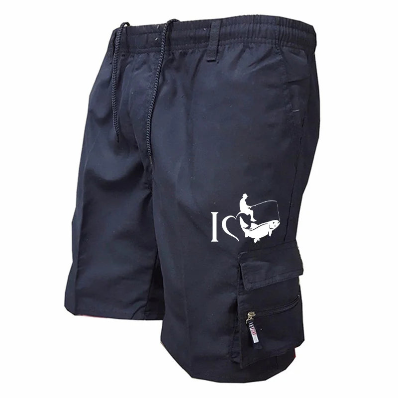 Trendy Mens Bib Shorts Casual Loose Shorts Funny I Love Fishing Printed Drawstring Pocket Shorts Summer Mens Shorts