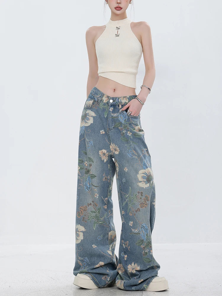 Fashion Printed Jeans 2025 Retro Floral Denim Mopping Trousers Korean Style High Street Loose Hip Hop Wide-leg Jean Pants